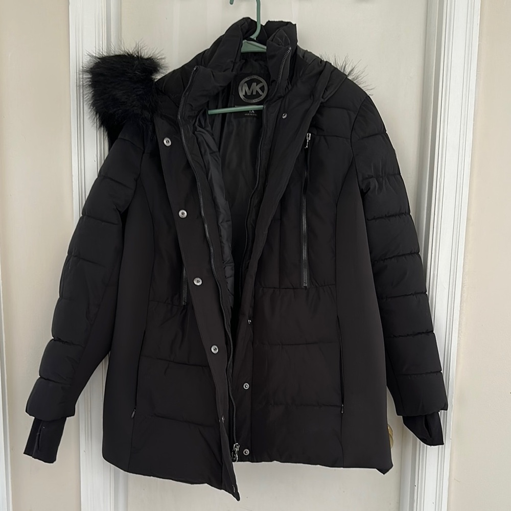 Michael Kors Women's Black Puffer Coat with Fur Trim